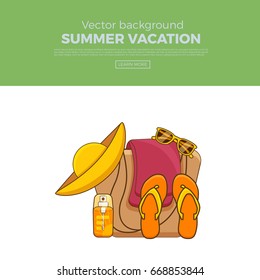 Summer vacation beach icon collection. Summertime tropical accessories vector design elements. Sunbathing activity illustration page template. Graphic concept for web sites, mobile apps, infographics
