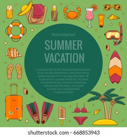 Summer vacation beach icon collection. Summertime tropical accessories with diving  equipment vector design elements set. Sunbathing activity illustration for tourism advertisement,  promotions.