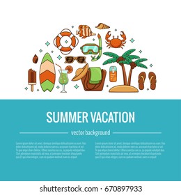 Summer vacation beach icon collection circle concept. Summertime tropical accessories vector design elements isolated set. Sunbathing activity illustration template for advertisement, promotions.