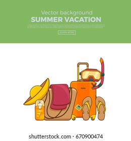 Summer vacation beach icon collection. Summertime tropical accessories vector design elements. Sunbathing activity illustration page template. Graphic concept for web sites, mobile apps, infographics