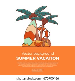 Summer vacation beach icon collection. Summertime tropical accessories vector design elements. Sunbathing activity illustration page template. Graphic concept for web sites, mobile apps, infographics