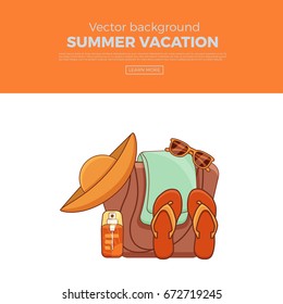 Summer vacation beach icon collection. Summertime tropical accessories vector design elements. Sunbathing activity illustration page template. Graphic concept for web sites, mobile apps, infographics