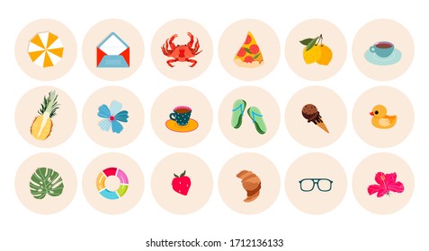 Summer Vacation & Beach Icon Set. Round summertime sticker, label collections. Trendy vector illustrations for instagram highlights, web design and print. Summer travel and vacation concept.