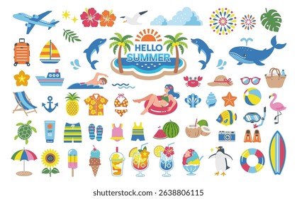 Summer Vacation and Beach Icon Set . Tropical Travel Illustration