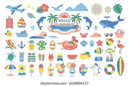 Summer Vacation and Beach Icon Set . Tropical Travel Illustration