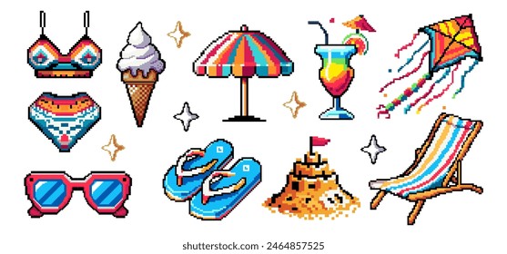 Summer vacation beach icons set pixel art design isolated on white background, 80s-90s, digital vintage game style. Parasol, sun glasses, ice cream, 
chaise lounge, flip flops, swimsuit, sand castle