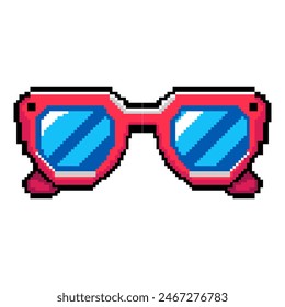 Summer vacation beach icons set pixel art design isolated on white background, 80s-90s, digital vintage game style. Sun glasses