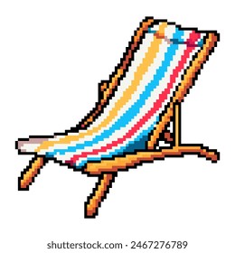 Summer vacation beach icons set pixel art design isolated on white background, 80s-90s, digital vintage game style. Chaise lounge