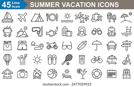 Summer vacation Beach icons set collection.  Thin Line Vector Illustrations of Travel, Tourism, Beach, landscapes, holidays and hotels.