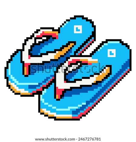 Summer vacation beach icons set pixel art design isolated on white background, 80s-90s, digital vintage game style. Flip flops