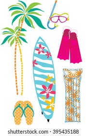 Summer vacation beach items set. Surf, flippers, palms, mask, flippers float set. Surfboard, flip flops vector illustration.