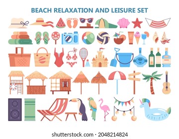 Las vacaciones de verano y los artículos de ocio de la playa. Objetos de descanso en la playa y baño en el mar. Constructor turístico para el ocio de verano. Estilo de vida activo. Ilustración vectorial plana