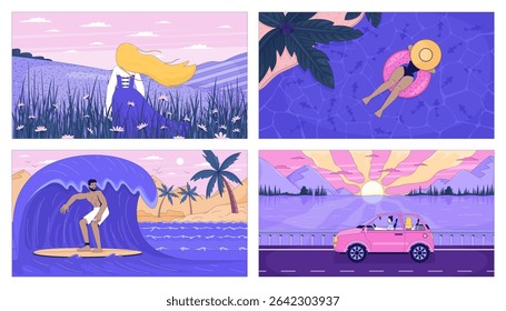 Summer vacation and beach leisure lofi wallpapers set. Sunset roadtrip, woman in flower field, pool float 2D cartoon flat illustrations. Vector art images lo fi aesthetic color backgrounds collection