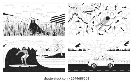 Summer vacation and beach leisure lofi illustrations outline set. Sunset roadtrip, woman in flower field, pool float 2D ink linear flat lo fi drawings. Vector line art aesthetic wallpapers collection
