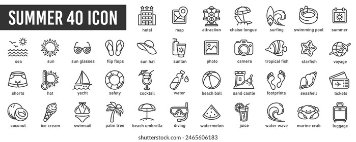 Summer, vacation, beach minimal thin line icon set