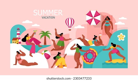 Summer vacation, beach party or pool party geometrical banner design with body positive women characters. Template background for brochure, poster or flyer.