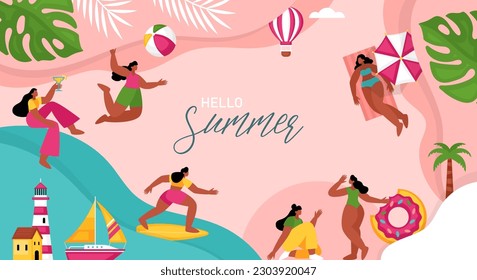 Sommerurlaub, Beach Party oder Pool Party-Banner Design mit Körper positiven Frauen Charaktere. Vorlagenhintergrund für Broschüre, Poster oder Flyer.