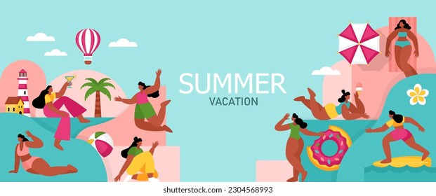 Vacaciones de verano, fiesta en la playa o diseño de pancartas geométricas con personajes femeninos positivos en el cuerpo. Fondo de plantilla para folleto, cartel o folleto.