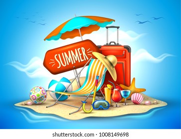 Summer vacation, beach party realistic 3d poster. Travelling tourism holiday time illustration lounger, sunshade ball cocktail starfish bag hat scuba diving mask bag sand island ocean sea background