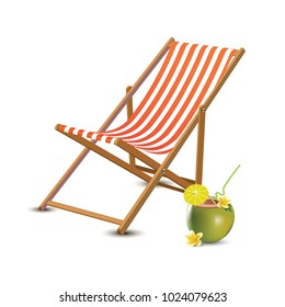 Summer vacation, beach party realistic 3d objects isolated. Travelling tourism holiday time illustration sun lounger, coconut coctail on white background, paradise resort seaside concept