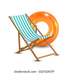 Summer vacation, beach party realistic 3d objects isolated. Travelling tourism holiday time illustration sun lounger, orange swim ring on white background, paradise resort seaside concept