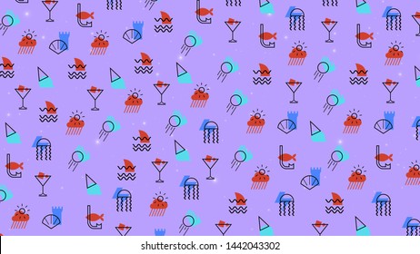 Summer vacation beach pattern background. Beach elements icon pattern on purple background cartoon vector illustration