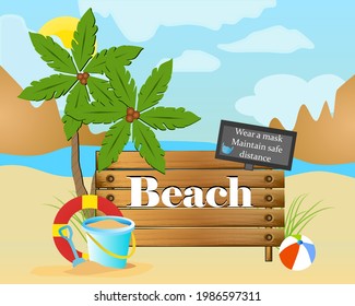 Summer vacation, Summer beach poster vector illustration with Beach Board and wear a mask for Covid 19 text.