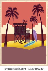 Summer vacation, beach recreational, water activities surfboards and lifeguard tower best summer vacation