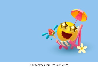 Summer vacation. Beach relax. Smiling face, Beach Chair, umbrella, peace of watermelon ice cream and plumeria flower. 3D render vector realistic elements