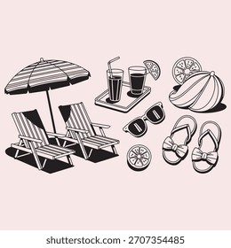Escena de relajación de la playa de vacaciones de verano con sillas de salón Ilustración vectorial
