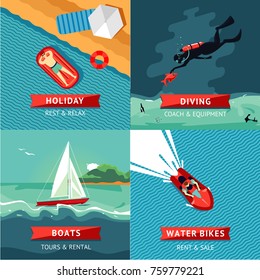 Summer vacation. Beach resort. Rest on a seaside. Outdoor activity. Flat style.