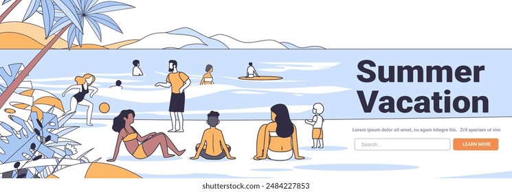 Sommerurlaub Strandszene mit Menschen, die Aktivitäten genießen tropische Pflanzen und Berge im Hintergrund minimalistische Linie Art Style Website Banner