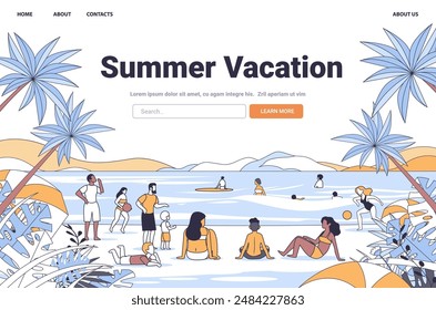 Summer vacation beach scene with people relaxing and playing on the shore surrounded by palm trees mountains and ocean landing page design