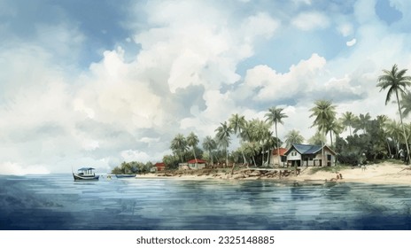 Summer vacation, beach with sea shore sea nature with waves and sand warm weather. Vector graphics background texture for interior, design, interior decoration, picture for printing, resort wallpaper