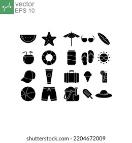 Summer vacation and beach set. Summertime icon set in solid style include glasses, beach ball, flip flop, sandal, pants, sunscreen, ice cream, etc Vector illustration Design on white background EPS10