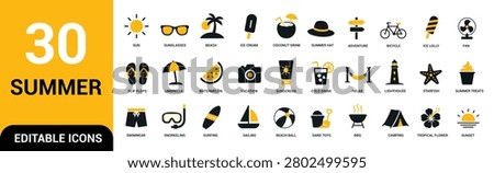 Summer Vacation and Beach Solid Icon Set Featuring Sun, Travel, Camping, Surfing, Ice Cream, Tropical Holiday, and Outdoor Leisure Vector Symbols Collection