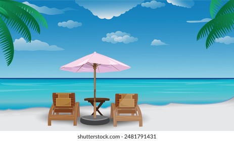 
Summer Vacation Beach. sunny Beach and ocean scenery for vacations and summer getaways. Summer feeling tropical sea beach, umbrella, coconut tree seascape summer season, seascape background