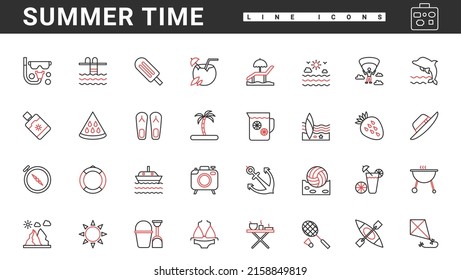 Summer vacation, beach time, travel and sport tanning thin red and black line icons set vector illustration. Abstract bikini, sunscreen and anchor for swimming in sea cruise, surfboard and diving mask