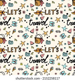 Summer, vacation, beach, travel. Drawing on a transparent background. Choose your own background color. Pattern, desktop wallpaper, pattern on fabric, background. Vector pattern.