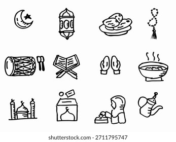 Summer vacation and beach travel elements, a fun collection of hand-drawn doodle icons including a beach ball, pineapple, sailboat, flip-flops, cocktail, snorkel, surfboard, sandcastle, and ice cream.