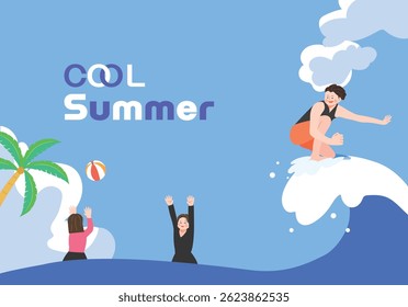 Summer vacation beach trip, surfing, beach ball