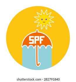 Summer vacation beach. Umbrella, bright sun, sunscreen, SPF. Yellow Green Blue Orange. Vector