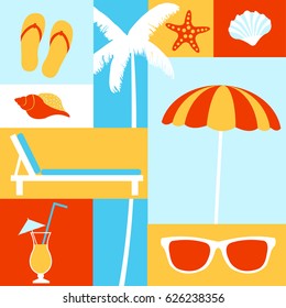 Summer vacation. Beach umbrella, palm tree, coral, starfish, flip flops, sunglasses , seashells.  Vector illustration.