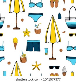 Summer vacation. Beach umbrella, starfish, flip flops, sunglasses , seashells. Vector seamless pattern