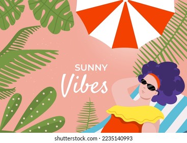 Summer vacation at beach, vector illustration, sunny vibes design, flat woman character in swimsuit sunbathing at lounger, under umbrella.