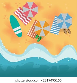 Summer vacation. Beach with waves, colorful umbrellas, towels and green surfing board