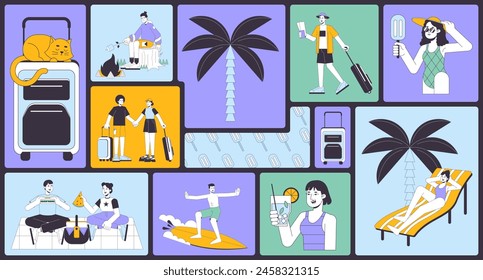 Summer vacation bento grid illustration set. Picnic couple, camping, airport departure, surfer 2D vector image collage design graphics collection. Summertime travelers flat characters moodboard layout