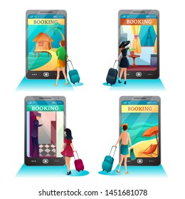 Summer vacation booking online flat vector illustrations set. Digital hotel, resort, apartment reservation mobile app Planning vacation. Tourists with suitcases. Tropical island, Paris