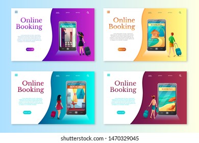 Summer vacation booking online flat vector landing pages set. Digital hotel, resort, apartment reservation mobile app Planning vacation. Tourists with suitcases. Tropical island, Paris