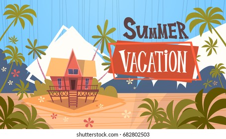 Summer Vacation Bungalow House On Sea Beach Landscape Beautiful Banner Seaside Holiday Flat Vector Illustration